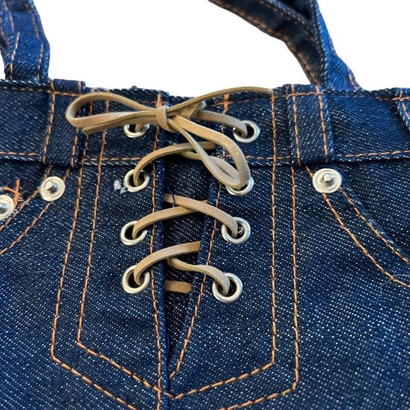 Small Blue Jean Purse Handbag Zipper Closure Faux Lace Up Look Clutch‎ Size Bag - Picture 2 of 9